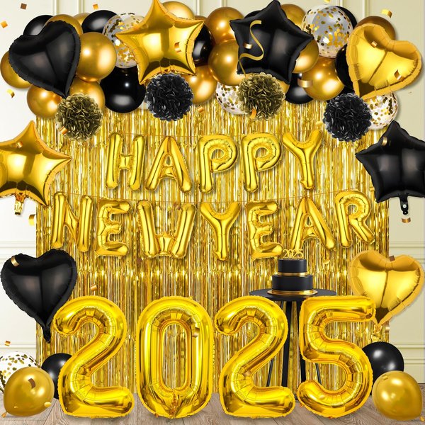 Black Gold Happy New Year Decorations 2025 Happy New Year Letter Foil Balloons Gold Fringe Curtains Backdrop Pom Poms Balloons Arch Garland Kit for New Years Eve Party Favors Supplies