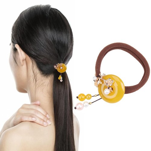 Yellow Jade Donut Hair Eleastic Tie, Vintage Chinese Natural Amber Jade Hair Tie, Retro Hair Accessories for Women, Flower Hair Ponytail Holder, Amber Jade Donut Jewelry for Hanfu Dress…