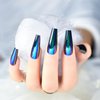 Blue Chrome Press On Nails Metallic Mirror Coffin Aurora Fake Nails Extra Long Ladies Nail Art Designs For Fingertips