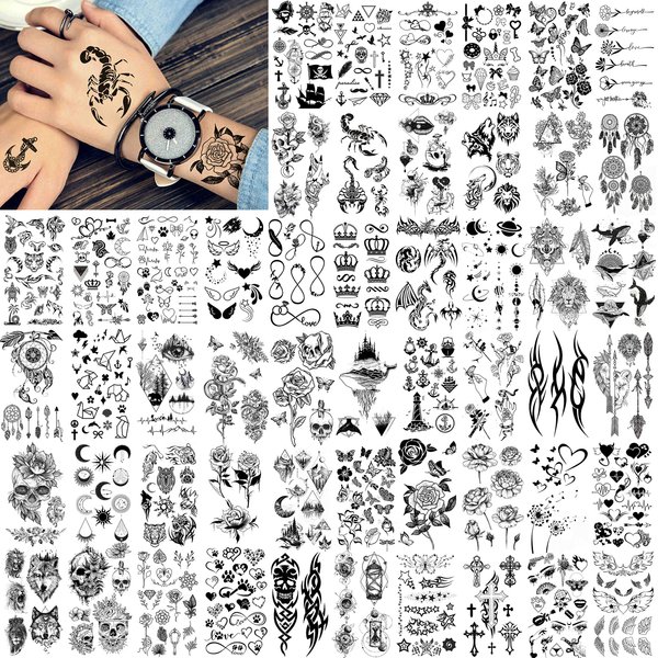 FANRUI 52 Sheets Creative Black Tiny Crown Infinity Triangle Fake Tattoos For Men Women Realistic Stars Letters Tattoos For Kids Tattoos Temporary Waterproof Arm Hand Face Finger Neck Tatoo Stickers
