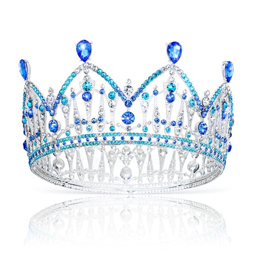 CIEHER Queen Crown for Women Princess Tiara Quinceanera Pageant Crown, Round Crystal Crown Elegant Headpiece for Birthday Prom - Silver & Blue