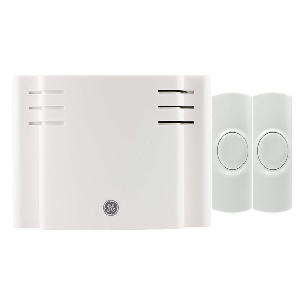 GE Wireless Doorbell Kit, Battery Operated Receiver, 2 Push Buttons Door Bell, 8 Melodies Doorbell Chime, 4 Volume Levels, Classroom Doorbell, 150 Ft Range, White, 19297