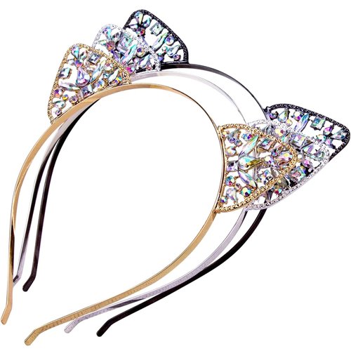 Bnikion Cat Ears Headband Rhinestone Cat Headbands Crystal Hair Hoop Women Party Headdress Cosplay Costume Headwear Halloween Makeup Handmade Headpiece Hair Band Hair Accessories 3 Pack