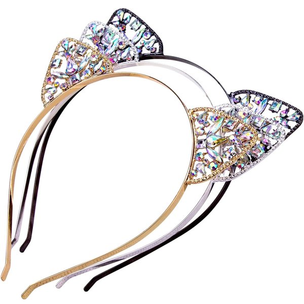 Bnikion Cat Ears Headband Rhinestone Cat Headbands Crystal Hair Hoop Women Party Headdress Cosplay Costume Headwear Halloween Makeup Handmade Headpiece Hair Band Hair Accessories 3 Pack