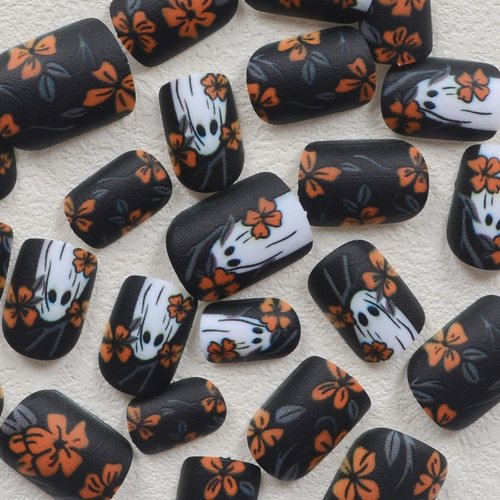 Halloween Press on Nails Short Square Black Halloween Fake Nails with Glue White Ghost and Yellow Flowers Design Halloween Nails Stick on Nails for Women 24pcs Black Halloween Short Press ons Nails