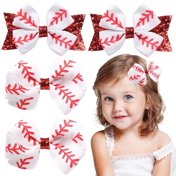Whaline 4Pcs Baseball Glitter Hair Bow Clips Red and White Baseball Prints Cheer Hair Barrettes Grosgrain Ribbon Sports Theme Alligator Clips for Girls Teens Toddlers