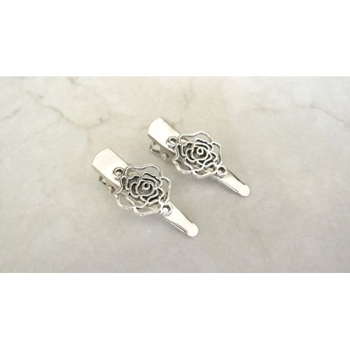 2 small silver rose flower metal alligator hair clip for fine thin hair