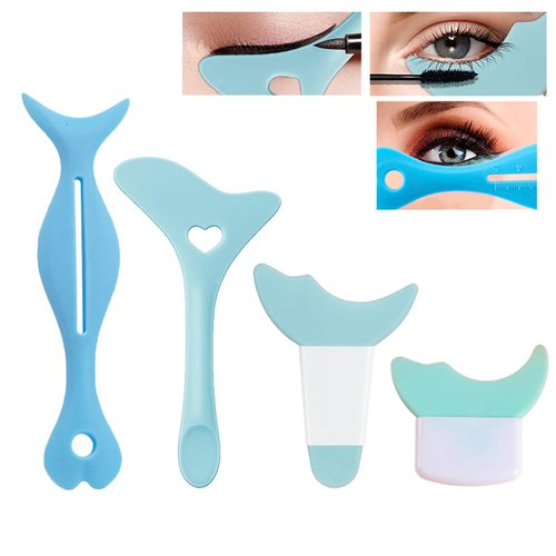 4 Pcs All In One Eyeliner Stencils Wing Tips + Eyelash Stencils Pad + Eyeshadow Baffle Multi-Purpose Eye Makeup Tool for Winged Eyeliner - Blue