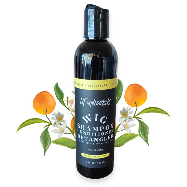 All Natural Wig Shampoo for Human Hair and Synthetic Wigs, Cleanses, Conditions & Detangles, Made In USA, Vegan Fresh Citrus Essential Oil. No parfumes or fragrances