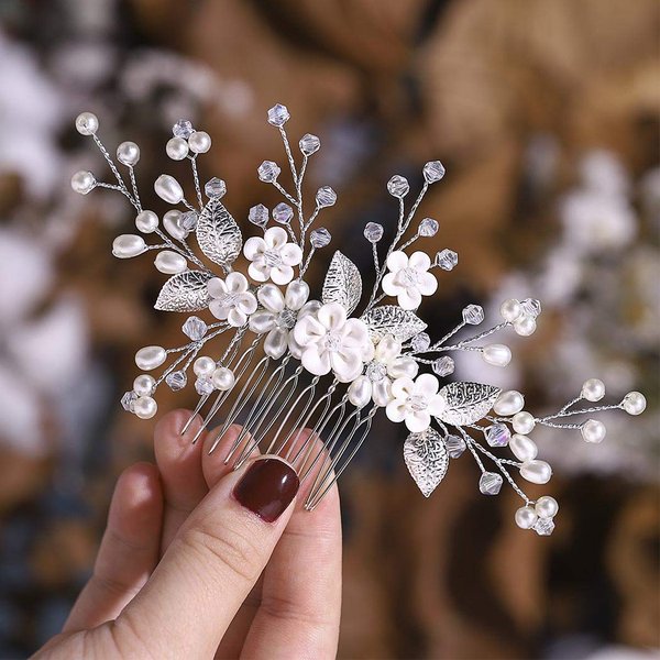 Unicra Flower Bride Wedding Hair Comb Pearl Bridal Headpiece Rhinestone Hair Accessories Prom Hair Piece Jewelry for Women and Girls (A-Silver)