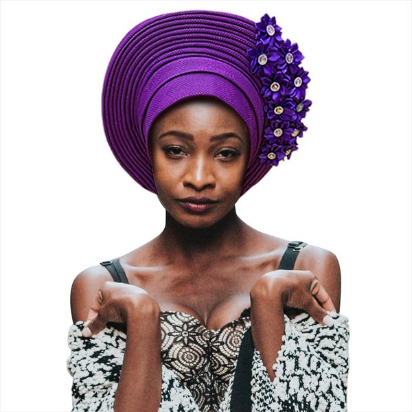 Nigerian Gele Fashion Headties For Women Head,African Head Wrap Beaded Lace Already Made Auto African Headtie For Party (Purple)