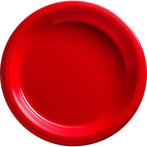 Amscan Red, Big Party Pack, Round Plastic Plates 10.25", 50 Per Pack