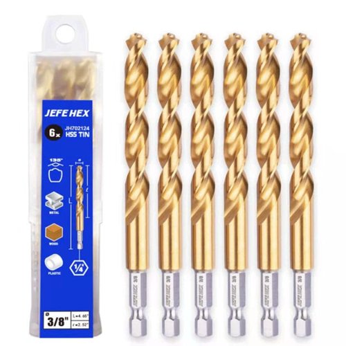 JEFE HEX 3/8" Inch Hex Shank with Titanium Coating Twist Drill Bits, 135 Degree Easy Cut Split Point Drill Bits (Pack of 6)