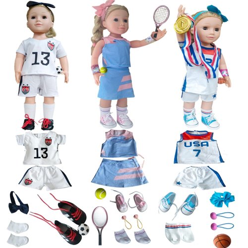 18 inch American Doll Clothing Accessories, USA Team Girls Soccer, Basketball, Tennis Clothing Sets, Competition Training Doll Clothes kit, Dolls are not Included (Football, Basketball, Tennis)