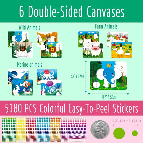 Dot It Sticker Art Activity, 6 Double-Sided Canvases (12 Scenes) with Wild/Marine/Farm Animals Plus 5180 Colorful Stickers, Dot Coloring Stickers for Boys & Girls DIY Activity Craft kit