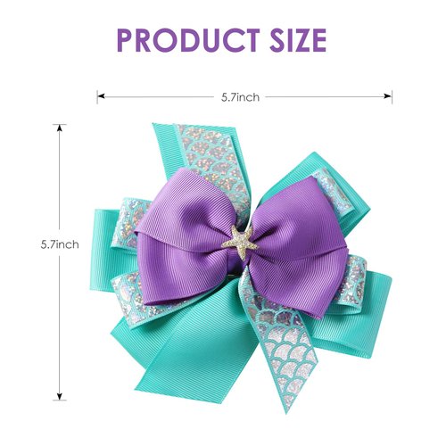 Mermaid Hair Bow Clip for Girls Women 6 Inch Big Princess Costume Dress Up Accessories Halloween Christmas Birthday Party Supplies