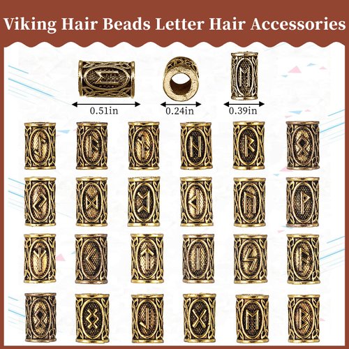 24 Piece Norse Vikings Runes Hair Beard Beads for Bracelets Necklace Accessories DIY Includes 7 Pieces Pull Hair Pin Quick Beader Hair Tool and Black Rubber Bands for Women Men (Gold)