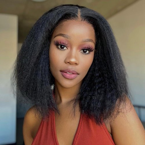 Quick Wig Yaki Straight Bob Wig Short Black Kinky Straight Wigs Blunt Cut Synthetic Wig Shoulder Length Glueless Bob Wig Middle Part Hair for Women Natural Black Color