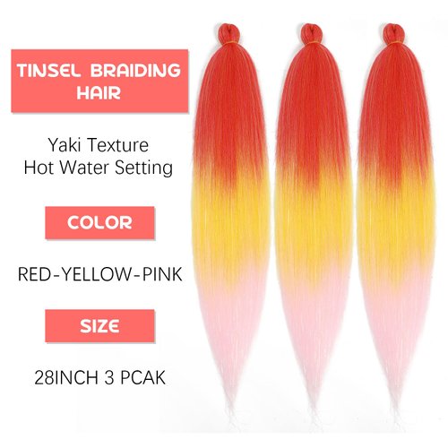 Pre Stretched Braiding Hair 28 Inch Ombre Braiding Hair Pink Hot Water Setting Yaki Texture Synthetic Hair Extensions For Box Braids(Pack of 3, Red/Yellow/Pink)
