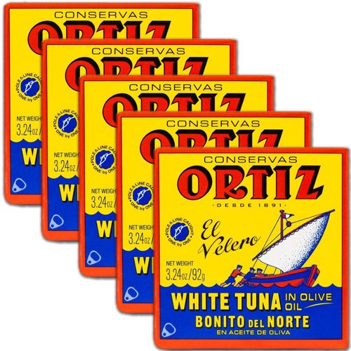 Ortiz White Tuna in Olive Oil, Fresh Tender Slices, Spanish Wild Caught Tuna, High in Protein and Omega 3 Fats, Excellent in Salad, Pasta or Sandwiches - No Need to Add Mayo, 3.24oz Can (Pack of 5)
