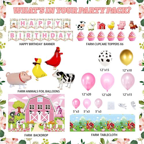 Fiesec Farm Party Decorations, Pink Barnyard Farm Animal Themed Birthday Party Decorations Girl Backdrop Balloon Arch Garland Banner Tablecloth Cake Cupcake Topper