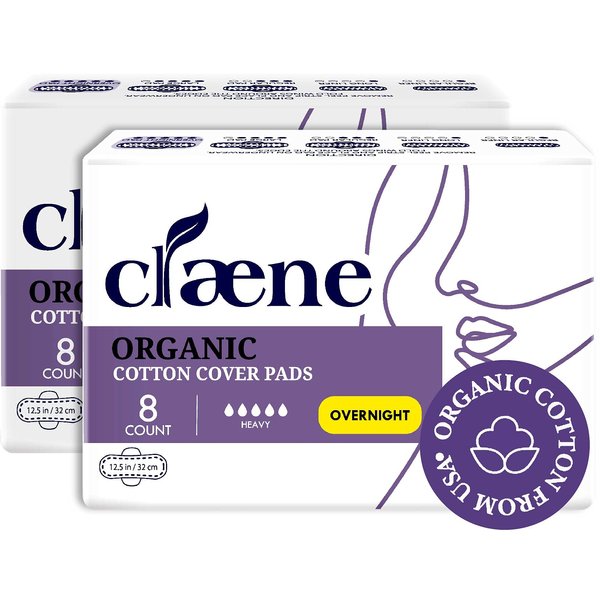 Claene Organic Cotton Cover Pads, Cruelty-Free, Menstrual Overnight Pads for Women, Unscented, Breathable, Vegan, Natural Sanitary Napkins with Wings (Overnight, 2 Pack, Total 16 Count)