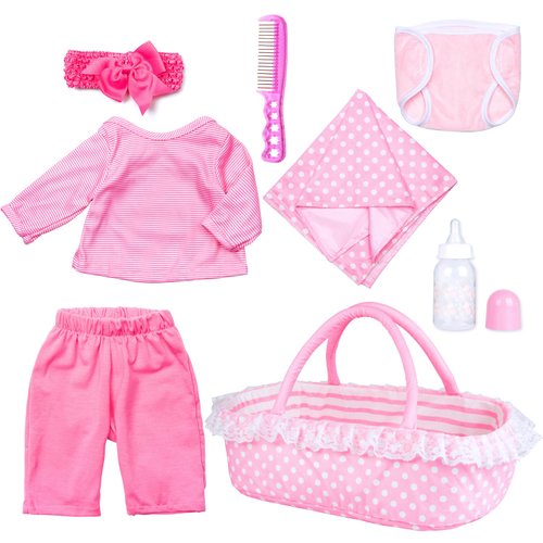8Pcs Reborn Baby Doll Clothes Pink Outfits with Bassinet Fit 17-22 inch Reborn Doll Fake Baby Accessories Set
