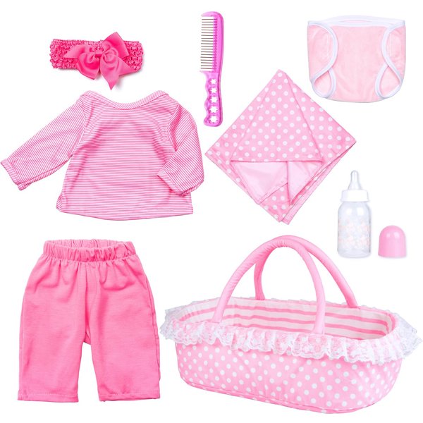 8Pcs Reborn Baby Doll Clothes Pink Outfits with Bassinet Fit 17-22 inch Reborn Doll Fake Baby Accessories Set