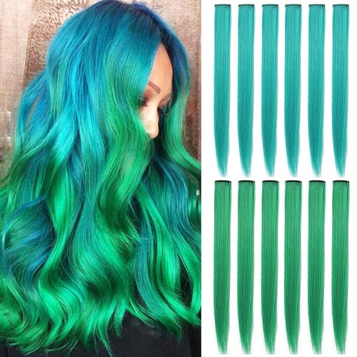 HUANLING 12PCS Colored Hair Extensions 21 inch Colored Party Highlights Straight Heat-resistant Synthetic Hairpieces Clip in Hair Accessories for Women(Green Teal)