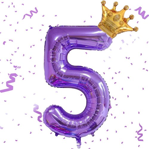Purple 5 Balloon 40 Inch,Giant Number 5 Balloon & Mini Crown Balloon Set for Girl Boy 5th Birthday Party Decorations,Purple Birthday Party Decorations Supplies Birthday Digital Balloon