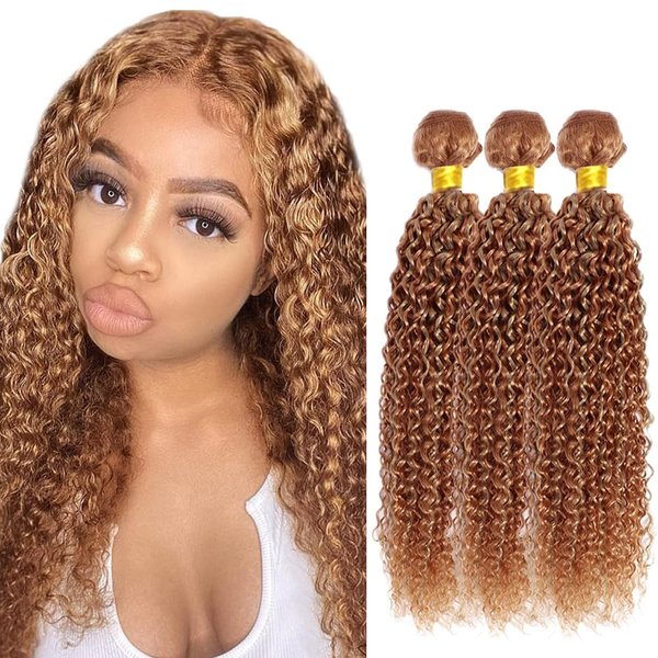 20 22 24 Inch Honey Blonde Bundles Human Hair Highlight P27/30 Kinky Curly Bundles Grade 8A Brazilian Virgin Weave Human Hair Extensions 2 Tone Honey Blonde Mixed With Light Brown Bundles