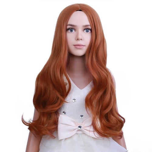 PATTNIUM Dark Orange Wig Kids Child Wig Long Curly Wavy Wig Ginger Wig Middle Part Girls Wig Auburn Wig Heat Resistant Synthetic Hair Wig with Wig Cap