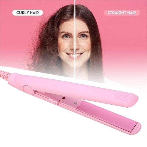 Mini Curling Iron Mini Hair Straightener and Curler 2 in 1 Portable Travel Hair Straightener for Short Hair Hair Styling Tools (Pink)