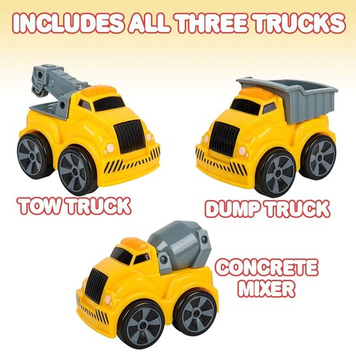ArtCreativity 3.5 Inch Pull Back Construction Vehicle Toys for Kids - Set of 3 - Includes Mini Dump Truck, Tow Truck, and Concrete Mixer - Best Gift, Party Favors for Boys & Girls - Yellow and Grey