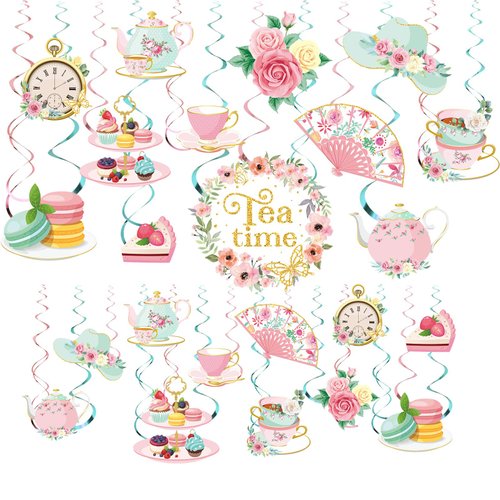 53 Pcs Tea Party Decoration Floral Tea Time Swirls Decoration Spring Vintage Teapot Party Hanging Swirls Talking Party Ceiling Supplies for Tea Party Baby Shower Princess Birthday Party Wedding Favors