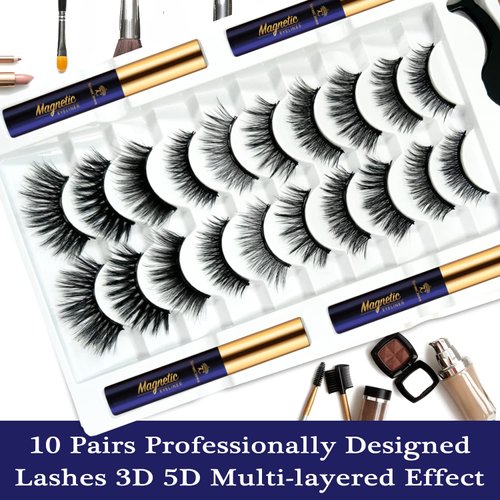 7C SevenCrown Magnetic Eyelashes Natural Look - Magnetic Lashes with Eyeliner,Upgraded Long Lasting,Mix 10 Pairs 3D Reusable 5 Magnet False Eyelashes with Applicator Tool Easy to Apply.Cruelty-Free
