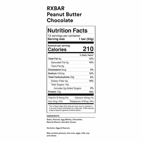RXBAR Protein Bars, Protein Snack, Snack Bars, Peanut Butter Chocolate, 22oz Box (12 Bars)