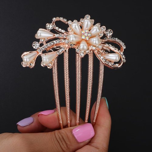 Xerling Elegant Pearly Flower Hair Comb Wedding Bridal Floral Pearl Hair Side Comb Teeths Rhinestone Hair Styling Accessories Decorative Headpiece for Updo Bun Women Girls (comb 2)