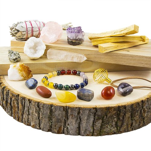 White Sage, Palo Santo Wood & Crystal Healing Kit (17Pc) ~ Smudge Stick, Palo Santo Sticks, Raw Crystals, Quartz Obelisk, 7 Chakra Stones, +Bracelet & Spiral Pendant Necklace w COA & Info Card