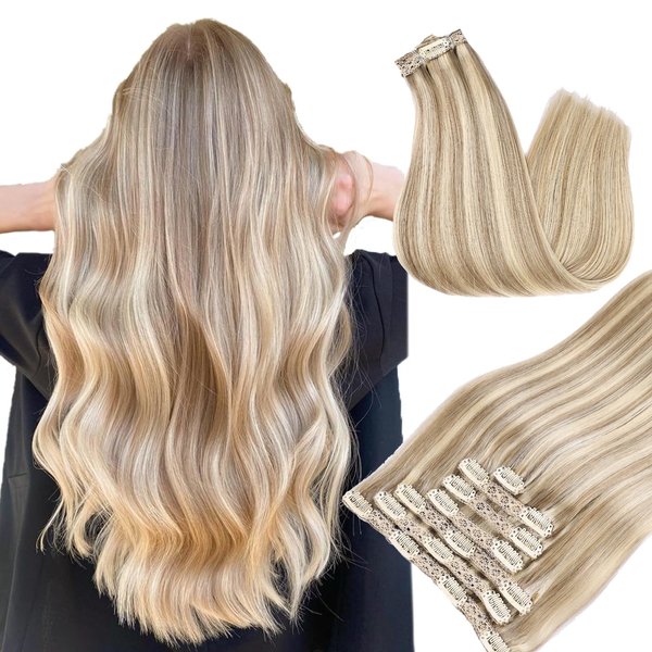 DIYOMO Hair Extensions Real Human Hair - Human Hair Clip In Extensions Soft&Natural Human Hair Extensions Clip Ins 120g 7pcs Real Hair Extensions Clip In Human Hair Straight&Invisible (18Inch,#16/22)