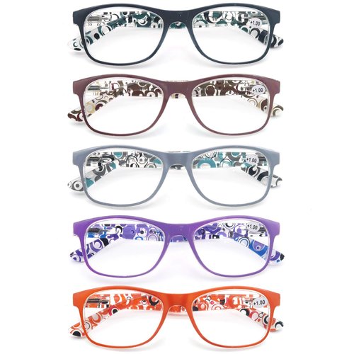 OLOMEE Reading Glasses Women +1.50 Floral Print Square Women's Readers Cheaters Glasses 5 Pack W/Spring Hinge Lightweight Comfortable Fit