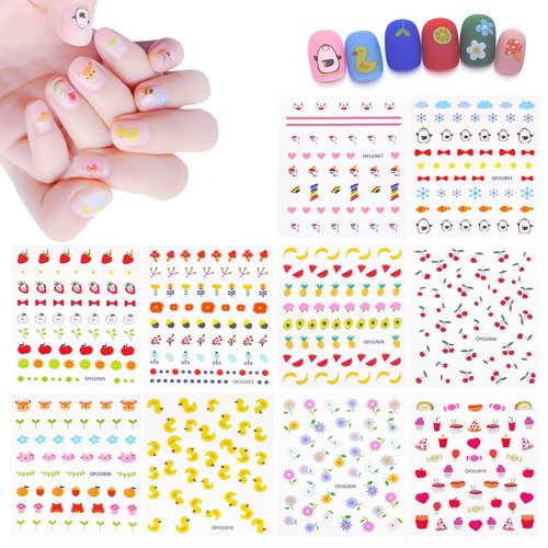 IHUKEIT 10 Sheets Cute Nail Stickers for Kids Including Animals Fruits Flowers Food Rainbow Leaves Designs Self Adhesive Nail Decals for Little Girls Women Nail Art Decoration Fun