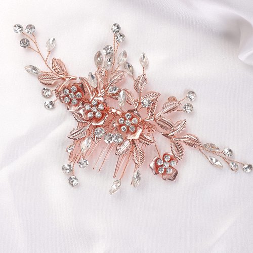 YERTTER Vintage Rhinestones Bride Wedding Hair Accessories for Brides Crystal Floral Leaves Bridal Hair Comb for Women and Girls (Rose gold)