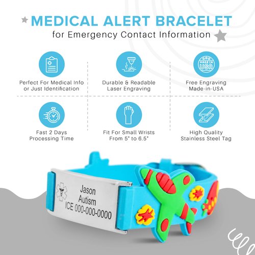 MIA·MIA Custom kids Medical Alert Bracelet for emergency contact information, personalized medic ID adjustable wristband for children, boy & girl engraved allergy, epilepsy, autism, diabetes band