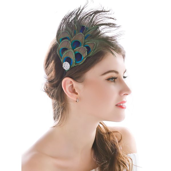 Aukmla Peacock Feather Headband Green 1920s Flapper Headpiece Rhinestones Costume Headdress Hair Accessories for Women and Girls
