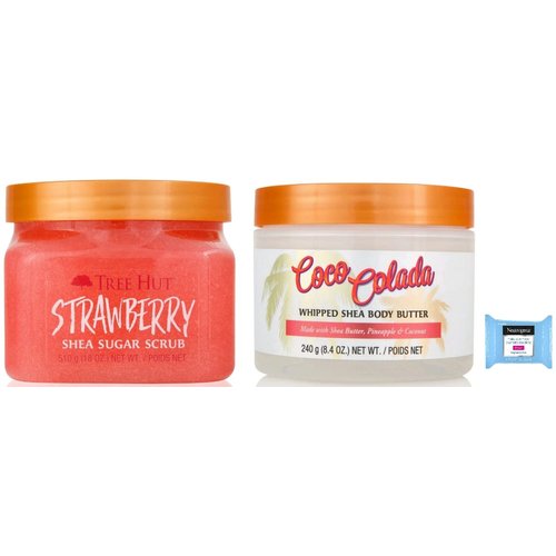 Tree Hut Shea Sugar Body Scrub Strawberry and Body Butter Coco Colada, with Single Fragrance-Free Makeup Remover Cleansing Towelette