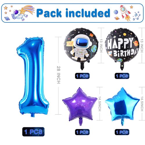 TMCCE 11 PCS Space theme Birthday Party Decoration Astronaut Spaceman Foil Balloons For 1st Outer Space Birthday Party Supplies (Blue-1th)
