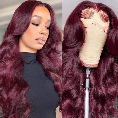 KinMos 99j Burgundy Lace Front Wigs Human Hair for Women Body Wave Glueless Red Lace Frontal Wigs Human Hair 180 Density 13x4 Lace Frontal Wig Pre Plucked with Baby Hair (20inch, 99j)