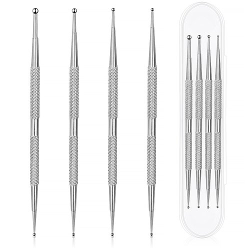 Jeffdad Nail Dotting Tool, 4 Pcs Professional Double-ended Nail Art Tools with Box, Dot Pen Metal Dot pen Nail Polish Paint Pen Dot Diamond Pattern Stainless Steel Dotting Tools Nail art(silver)