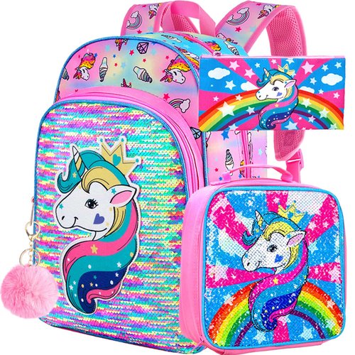 gxtvo 3PCS Unicorn Backpack for Girls, 16" Sequin Prechool Elementary Bookbag and Lunch Box